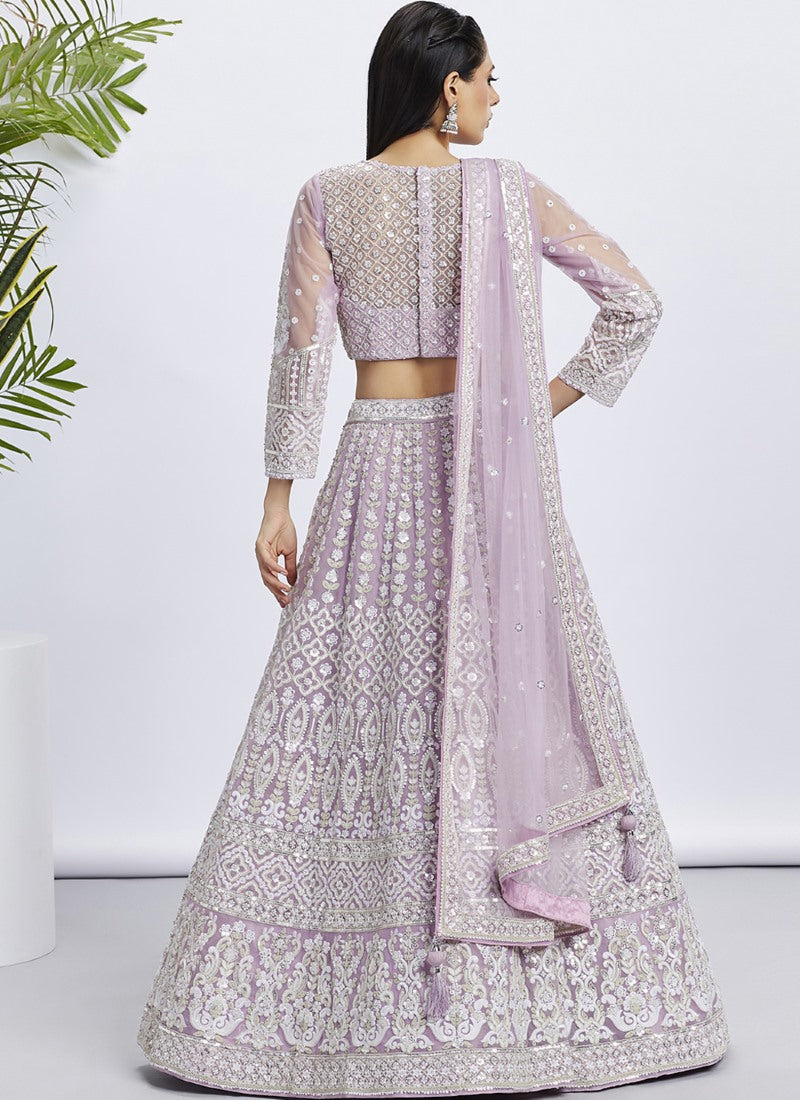 Lavender Lucknowi Bridal Lehenga Choli With Embroidery, Thread Work and Sequins Work