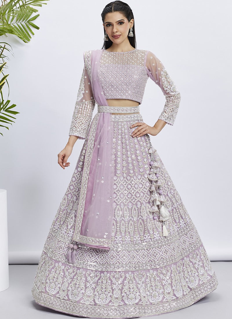 Lavender Lucknowi Bridal Lehenga Choli With Embroidery, Thread Work and Sequins Work 