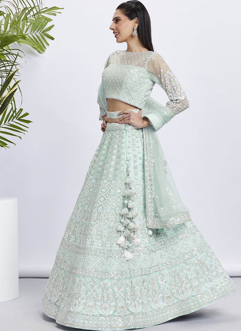 Green Lucknowi Bridal Lehenga Choli With Embroidery, Thread Work and Sequins Work