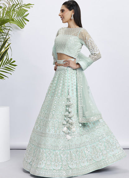 Green Lucknowi Bridal Lehenga Choli With Embroidery, Thread Work and Sequins Work