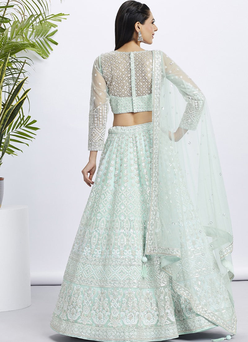 Green Lucknowi Bridal Lehenga Choli With Embroidery, Thread Work and Sequins Work