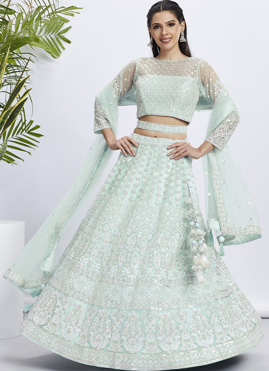 Green Lucknowi Bridal Lehenga Choli With Embroidery, Thread Work and Sequins Work