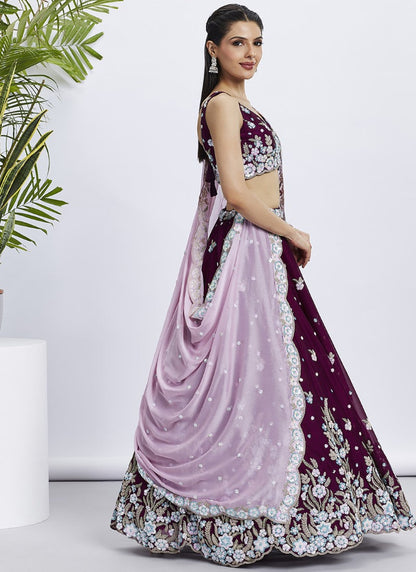 Wine Georgette Bridesmaid Lehenga Choli With Embroidery, Thread Work and Sequins Work