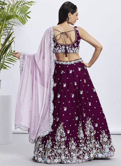 Wine Georgette Bridesmaid Lehenga Choli With Embroidery, Thread Work and Sequins Work