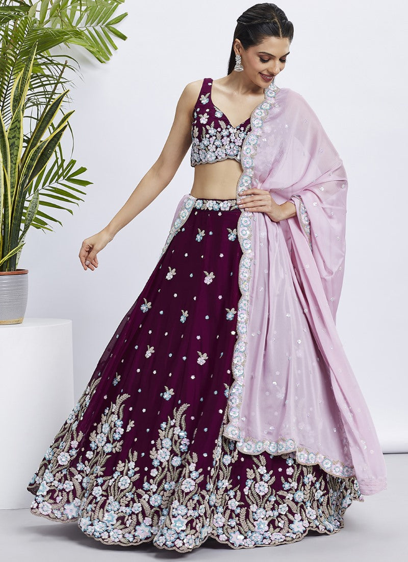 Wine Georgette Bridesmaid Lehenga Choli With Embroidery, Thread Work and Sequins Work