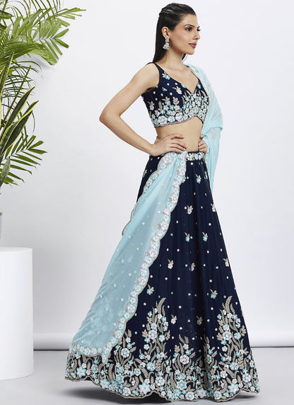 Blue Georgette Bridesmaid Lehenga Choli With Embroidery, Thread Work and Sequins Work