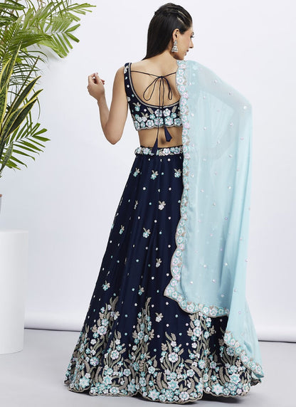 Blue Georgette Bridesmaid Lehenga Choli With Embroidery, Thread Work and Sequins Work