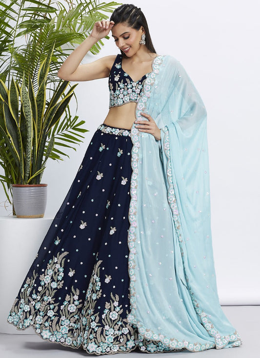 Blue Georgette Bridesmaid Lehenga Choli With Embroidery, Thread Work and Sequins Work