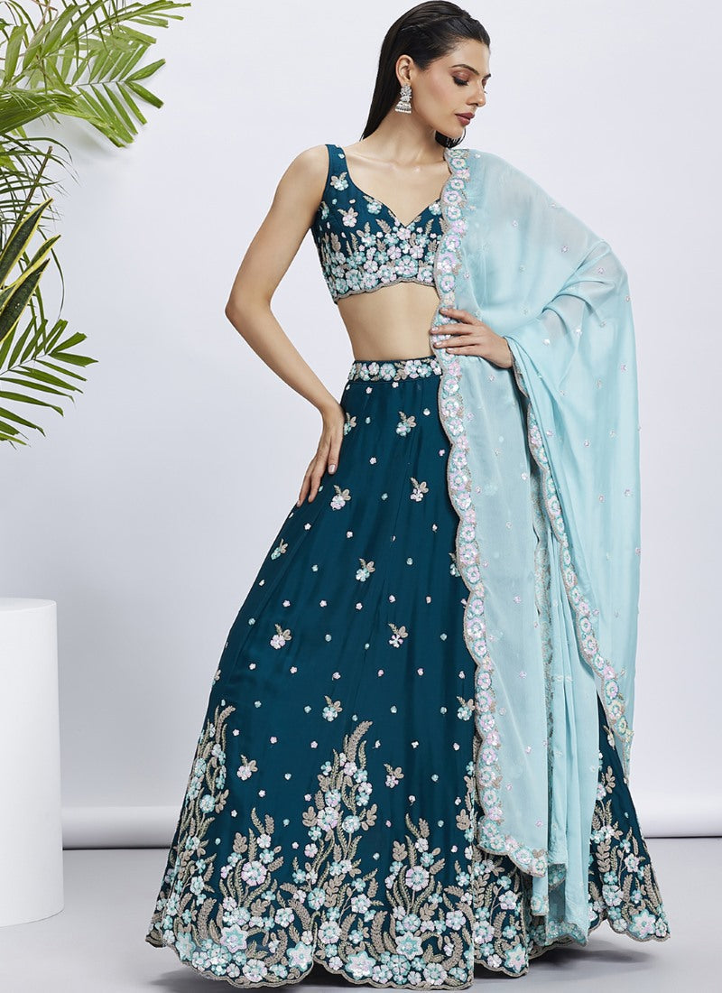 Blue Georgette Bridesmaid Lehenga Choli With Embroidery, Thread Work and Sequins Work