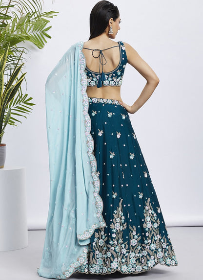 Blue Georgette Bridesmaid Lehenga Choli With Embroidery, Thread Work and Sequins Work