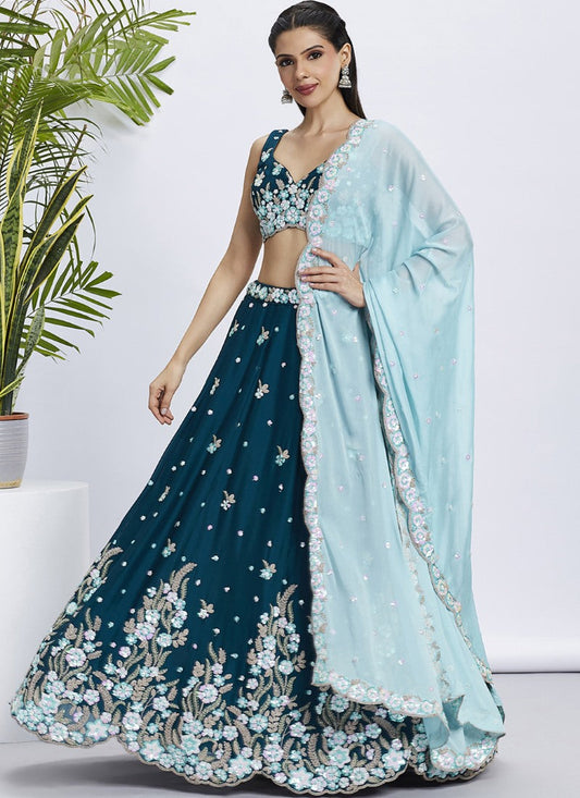 Blue Georgette Bridesmaid Lehenga Choli With Embroidery, Thread Work and Sequins Work