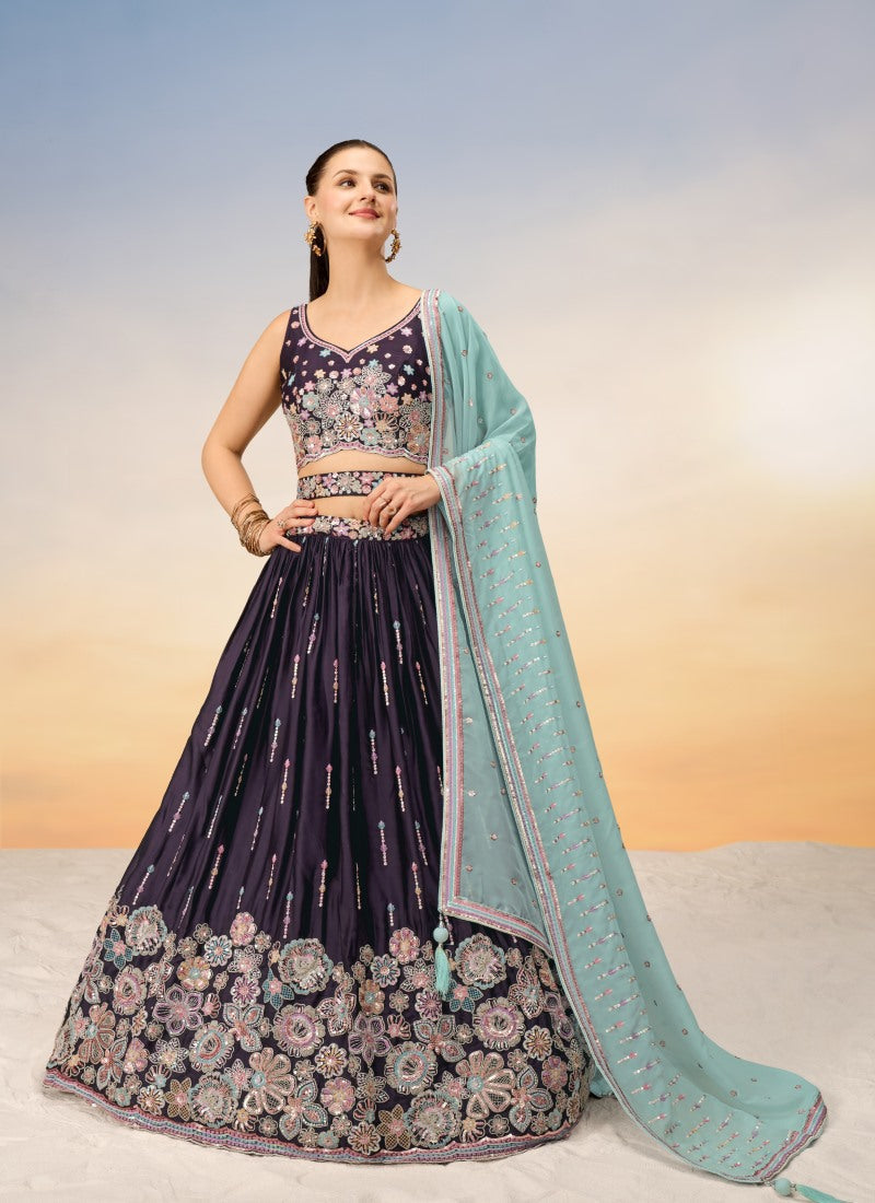 Purple Georgette Bridesmaid Lehenga Choli With Embroidery, Thread Work and Sequins Work