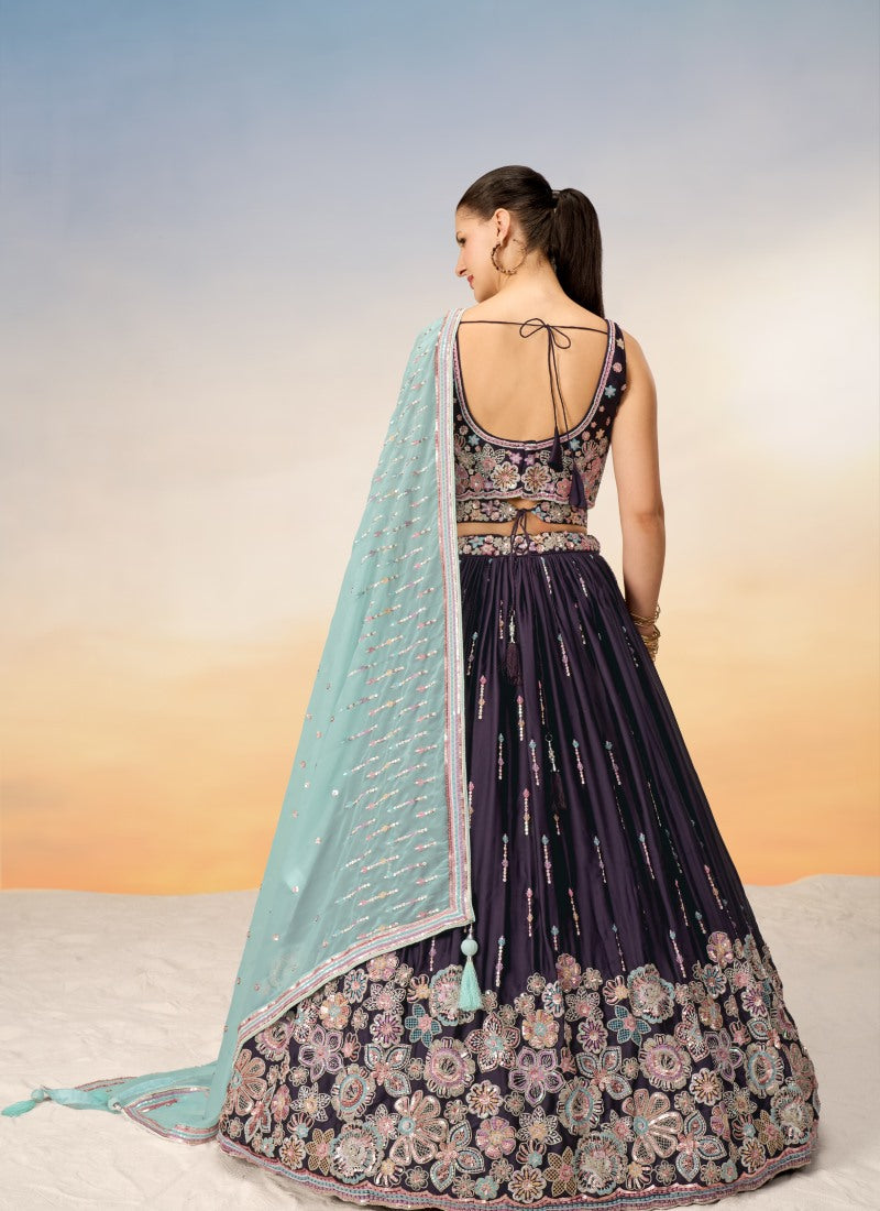 Purple Georgette Bridesmaid Lehenga Choli With Embroidery, Thread Work and Sequins Work