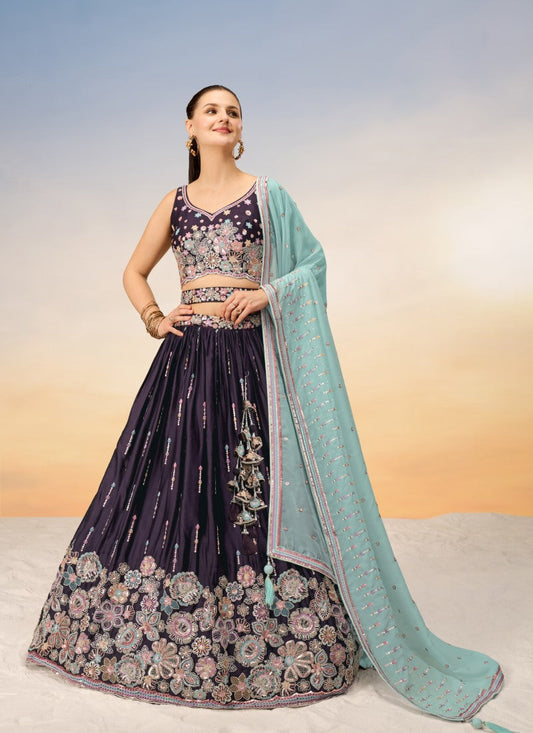 Purple Georgette Bridesmaid Lehenga Choli With Embroidery, Thread Work and Sequins Work