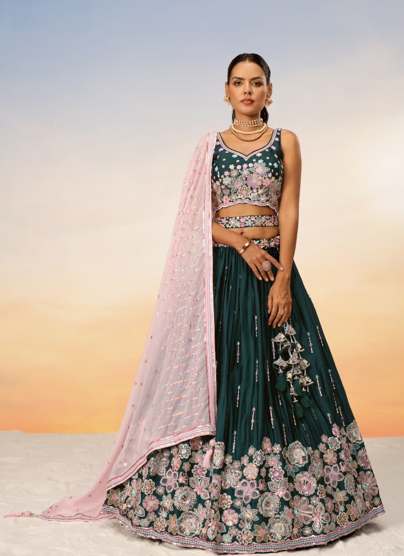 Green Georgette Bridesmaid Lehenga Choli With Embroidery, Thread Work and Sequins Work