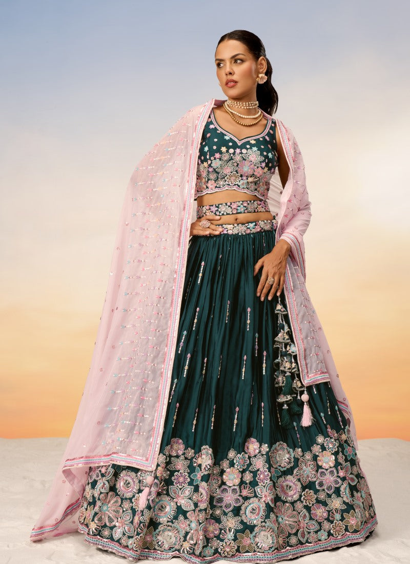 Green Georgette Bridesmaid Lehenga Choli With Embroidery, Thread Work and Sequins Work