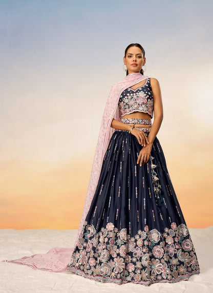 Navy Blue Georgette Bridesmaid Lehenga Choli With Embroidery, Thread Work and Sequins Work