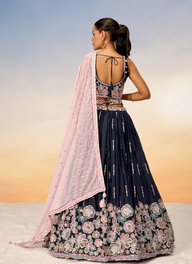 Navy Blue Georgette Bridesmaid Lehenga Choli With Embroidery, Thread Work and Sequins Work