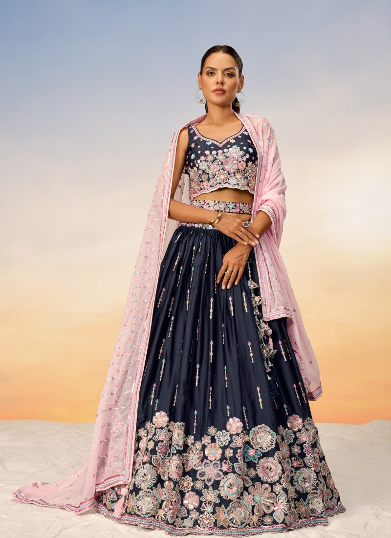 Navy Blue Georgette Bridesmaid Lehenga Choli With Embroidery, Thread Work and Sequins Work