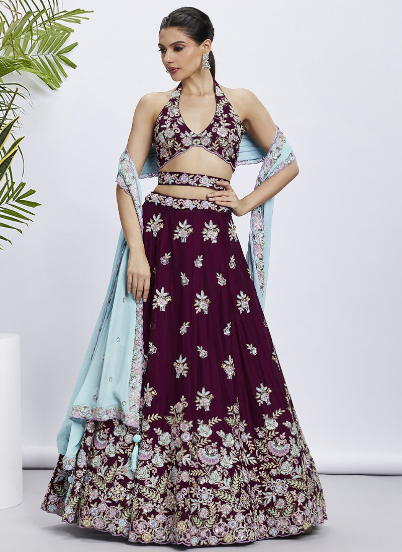 Purple Georgette Bridesmaid Lehenga Choli With Embroidery, Thread Work and Sequins Work