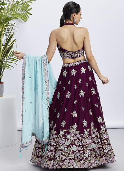 Purple Georgette Bridesmaid Lehenga Choli With Embroidery, Thread Work and Sequins Work