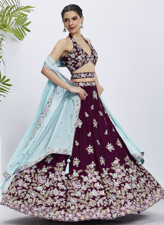 Purple Georgette Bridesmaid Lehenga Choli With Embroidery, Thread Work and Sequins Work