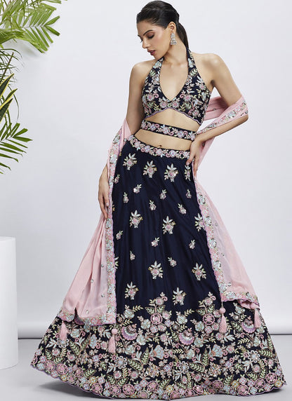 Blue Georgette Bridesmaid Lehenga Choli With Embroidery, Thread Work and Sequins Work