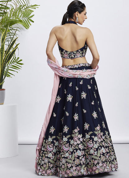 Blue Georgette Bridesmaid Lehenga Choli With Embroidery, Thread Work and Sequins Work