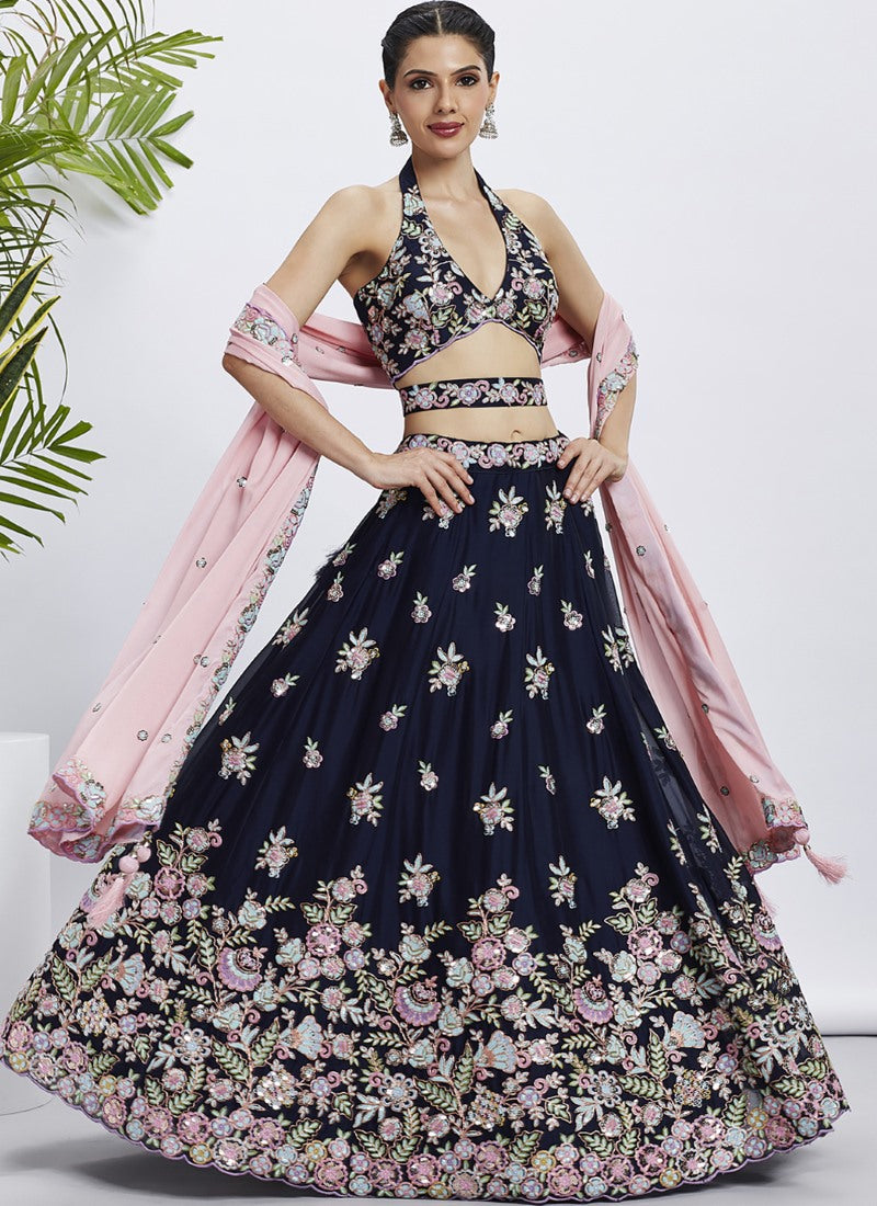 Blue Georgette Bridesmaid Lehenga Choli With Embroidery, Thread Work and Sequins Work