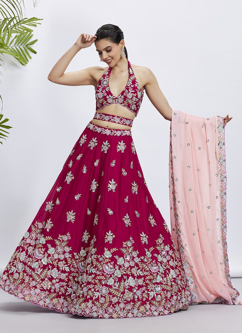 Red Georgette Bridesmaid Lehenga Choli With Embroidery, Thread Work and Sequins Work