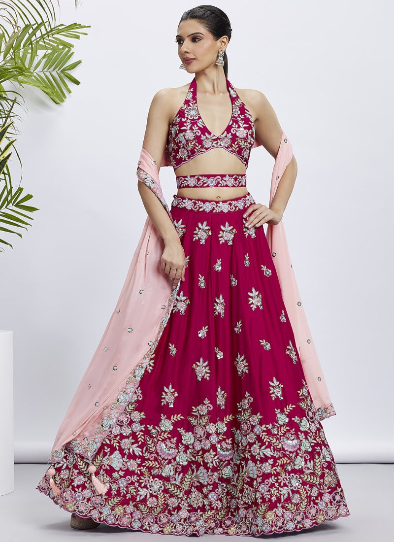 Red Georgette Bridesmaid Lehenga Choli With Embroidery, Thread Work and Sequins Work