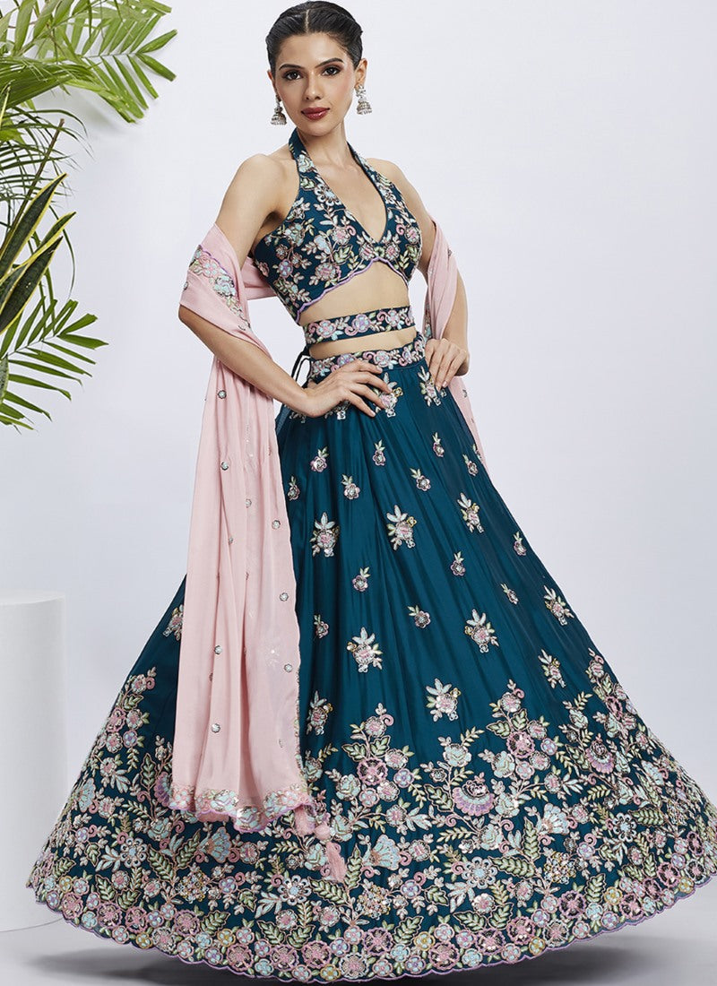 Teal Blue Bridesmaid Lehenga Choli With Embroidery, Thread Work and Sequins Work