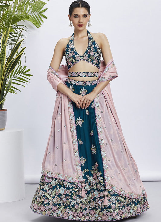 Teal Blue Bridesmaid Lehenga Choli With Embroidery, Thread Work and Sequins Work