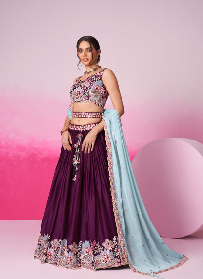 Wine Bridesmaid Lehenga Choli With Embroidery, Thread Work and Sequins Work