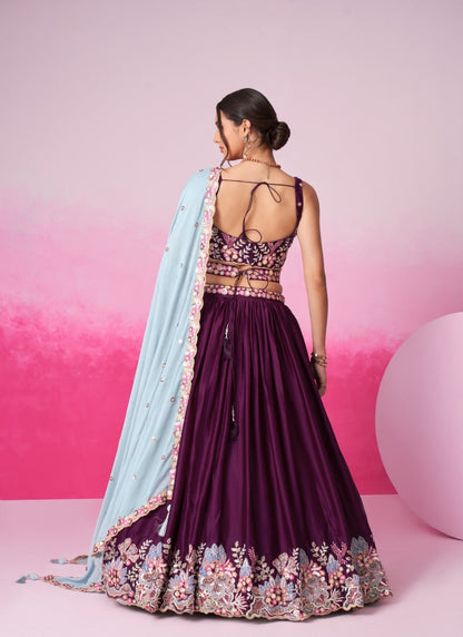 Wine Bridesmaid Lehenga Choli With Embroidery, Thread Work and Sequins Work