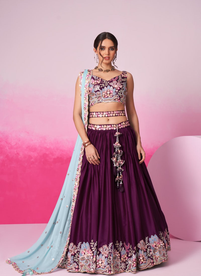 Wine Bridesmaid Lehenga Choli With Embroidery, Thread Work and Sequins Work