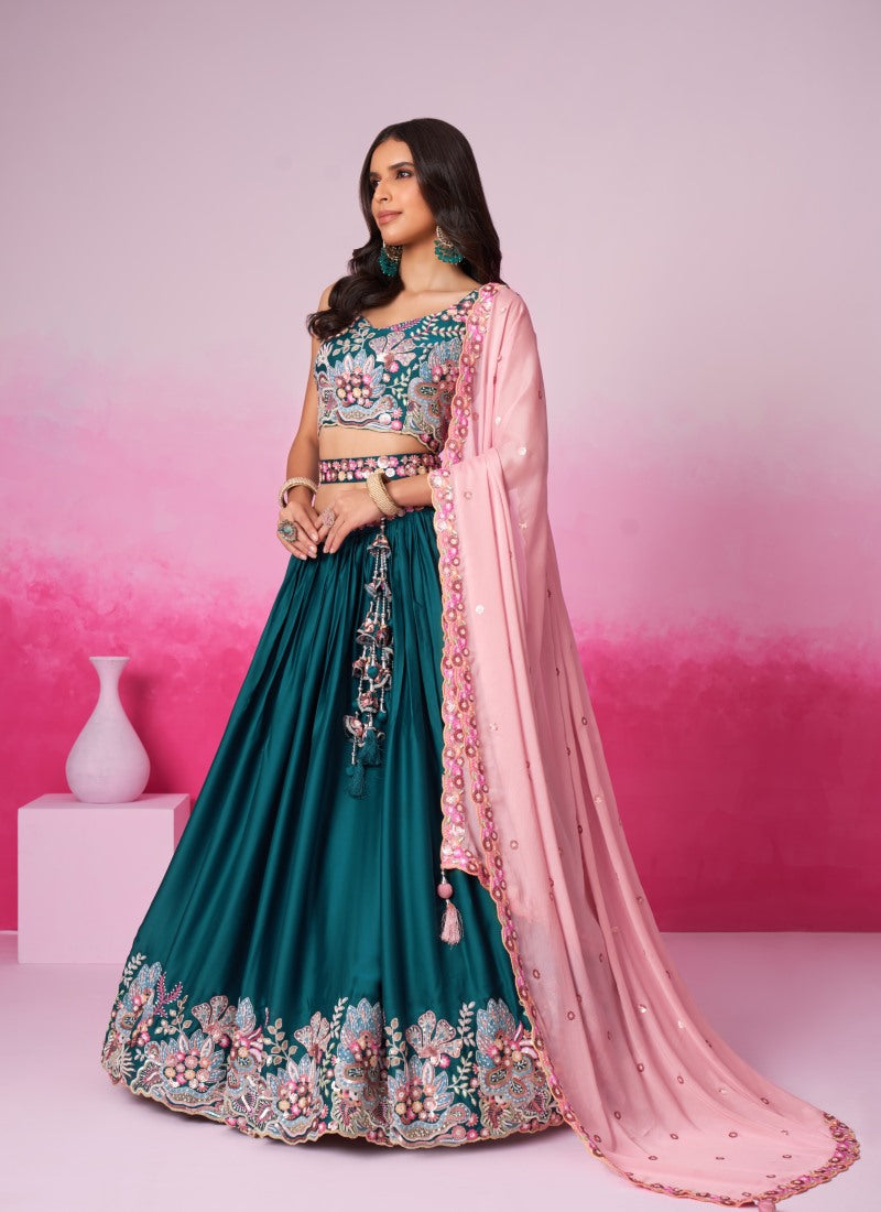 Green Bridesmaid Lehenga Choli With Embroidery, Thread Work and Sequins Work