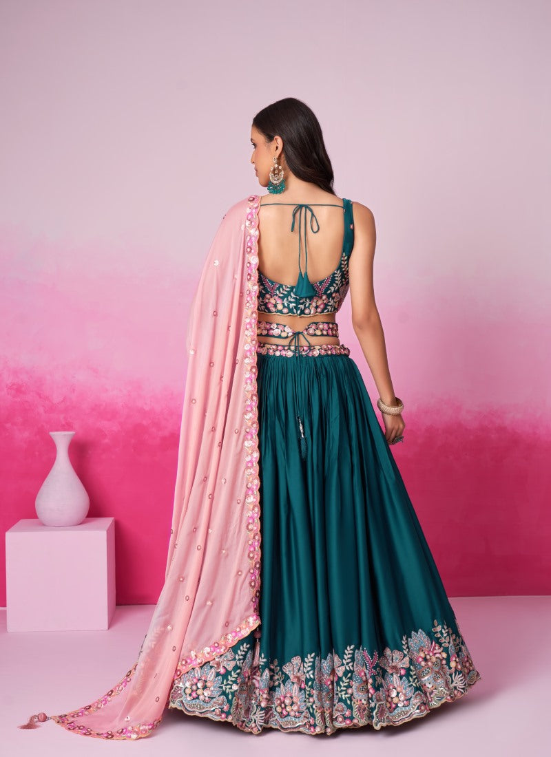 Green Bridesmaid Lehenga Choli With Embroidery, Thread Work and Sequins Work