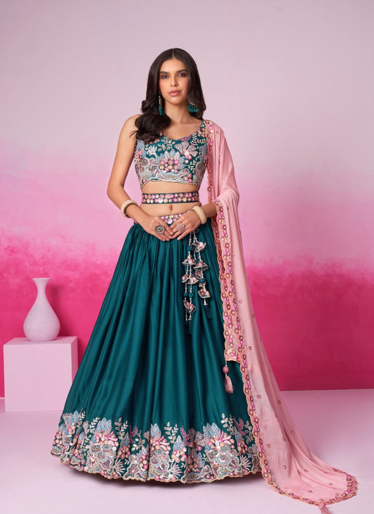 Green Bridesmaid Lehenga Choli With Embroidery, Thread Work and Sequins Work