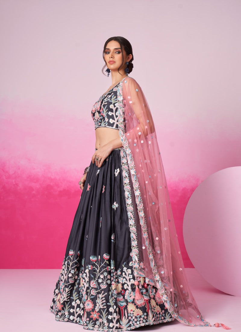 Gray Bridesmaid Lehenga Choli With Embroidery, Thread Work and Sequins Work