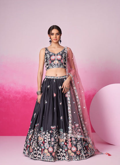 Gray Bridesmaid Lehenga Choli With Embroidery, Thread Work and Sequins Work