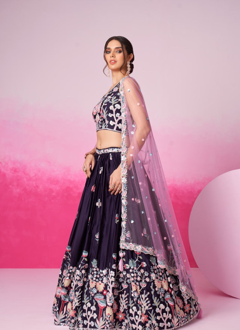 Purple Bridesmaid Lehenga Choli With Embroidery, Thread Work and Sequins Work