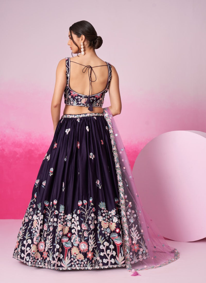 Purple Bridesmaid Lehenga Choli With Embroidery, Thread Work and Sequins Work