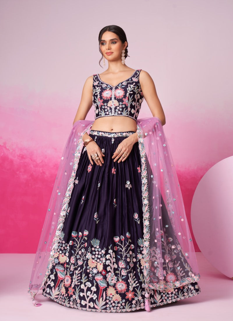 Purple Bridesmaid Lehenga Choli With Embroidery, Thread Work and Sequins Work