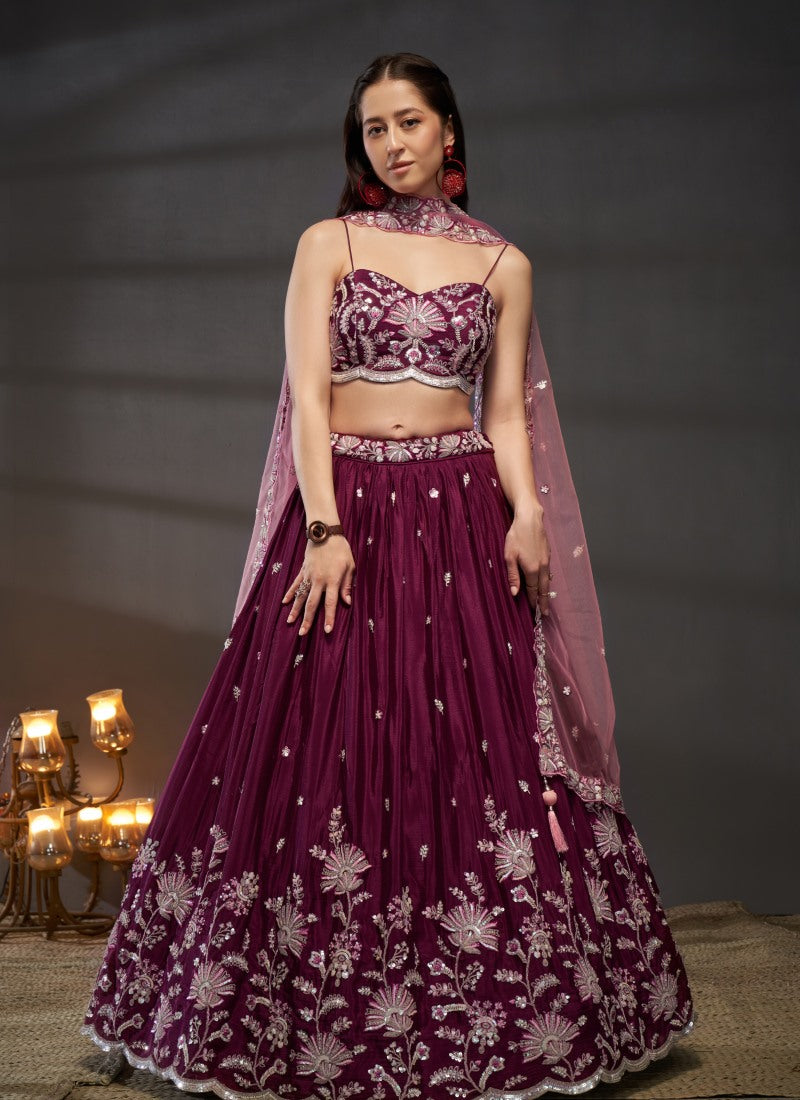 Wine Bridesmaid Lehenga Choli With Embroidery, Thread Work and Sequins Work