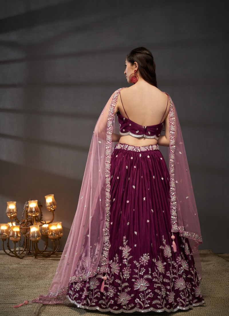 Wine Bridesmaid Lehenga Choli With Embroidery, Thread Work and Sequins Work