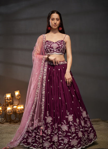 Wine Bridesmaid Lehenga Choli With Embroidery, Thread Work and Sequins Work