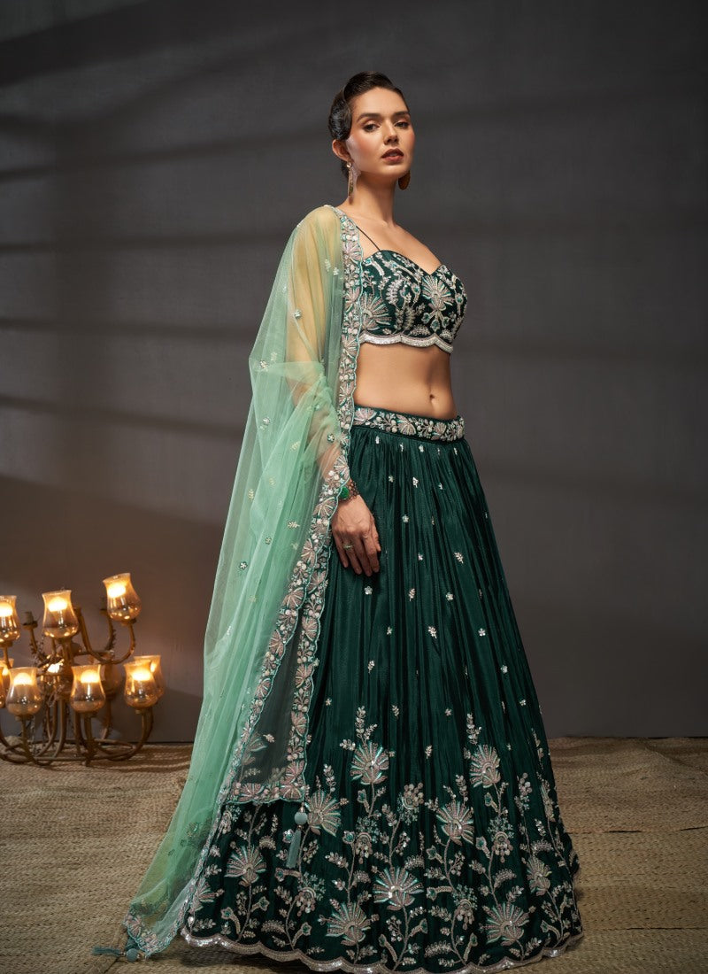 Green Bridesmaid Lehenga Choli With Embroidery, Thread Work and Sequins Work