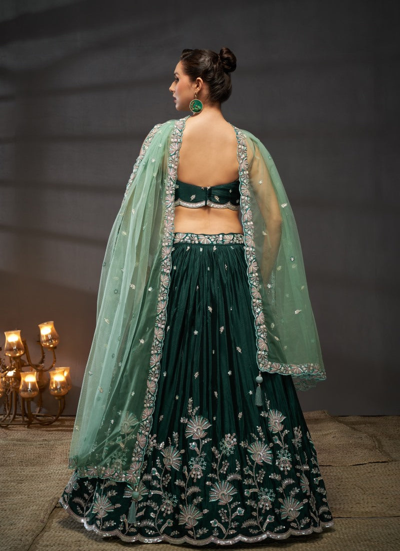 Green Bridesmaid Lehenga Choli With Embroidery, Thread Work and Sequins Work