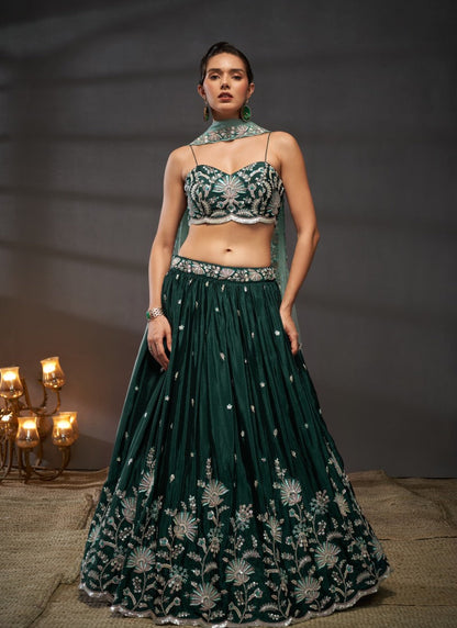 Green Bridesmaid Lehenga Choli With Embroidery, Thread Work and Sequins Work